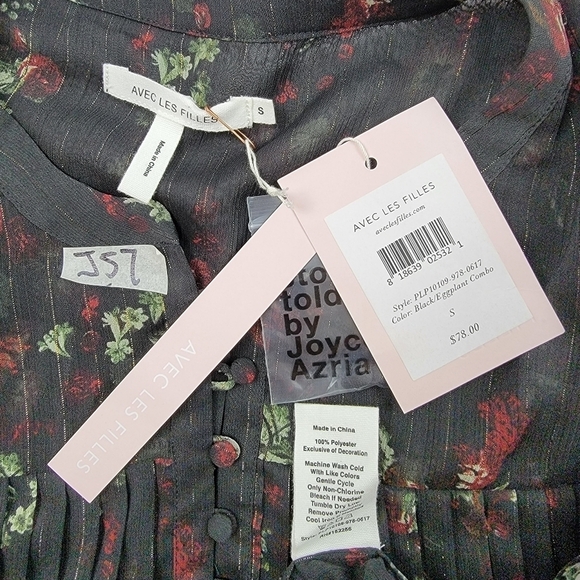 NWT Avec Les Filles sheer pleated bell sleeve gold & floral top - Picture 5 of 5